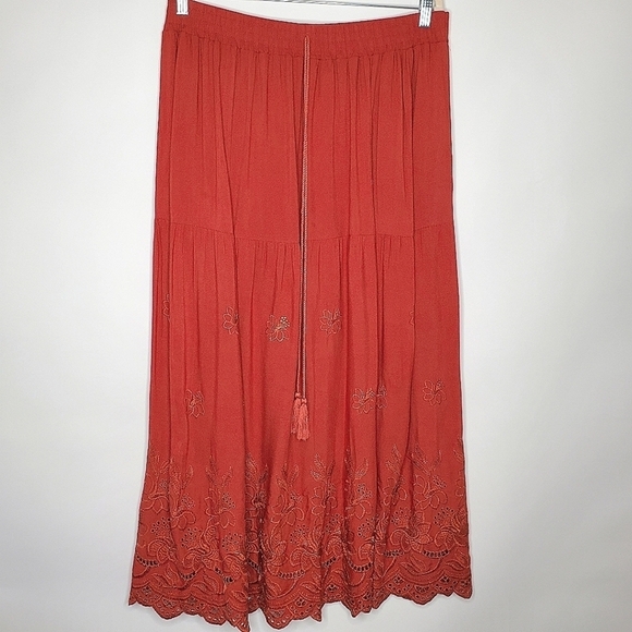Embroidered Eyelet Maxi Skirt Size XL Rayon Stretch Waist Gypsy Boho Pull-on - Picture 1 of 11